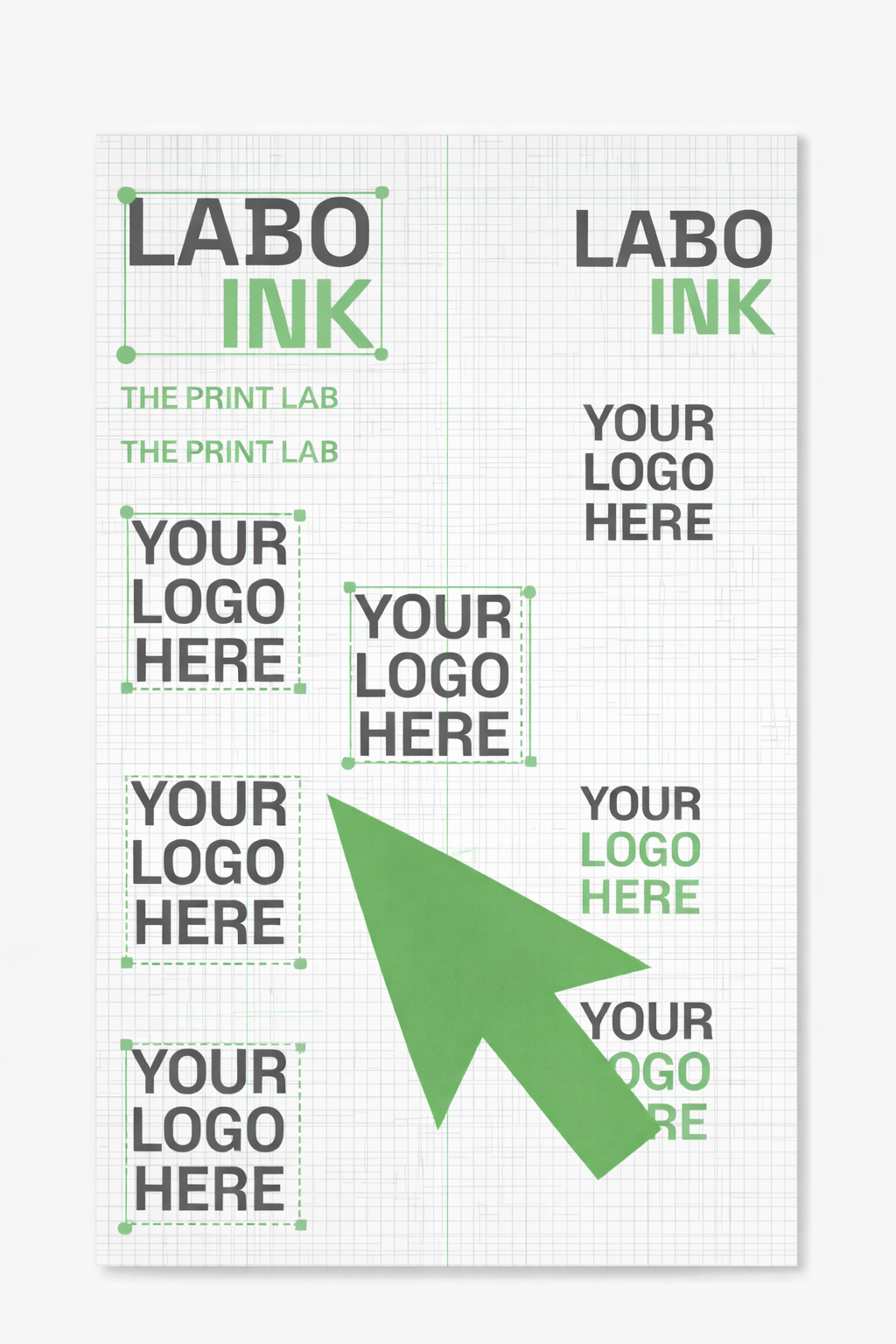 Promotional material for Labo Ink with customizable logo areas on a grid background