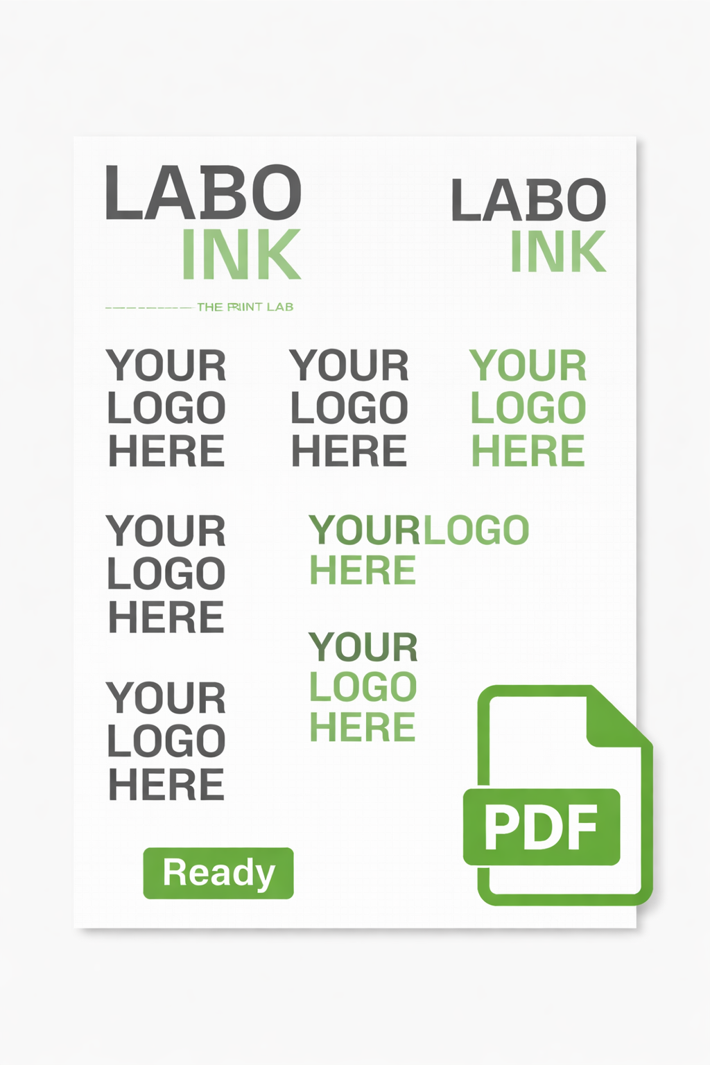 Labo Ink promotional graphic with customizable logo areas and a PDF icon.