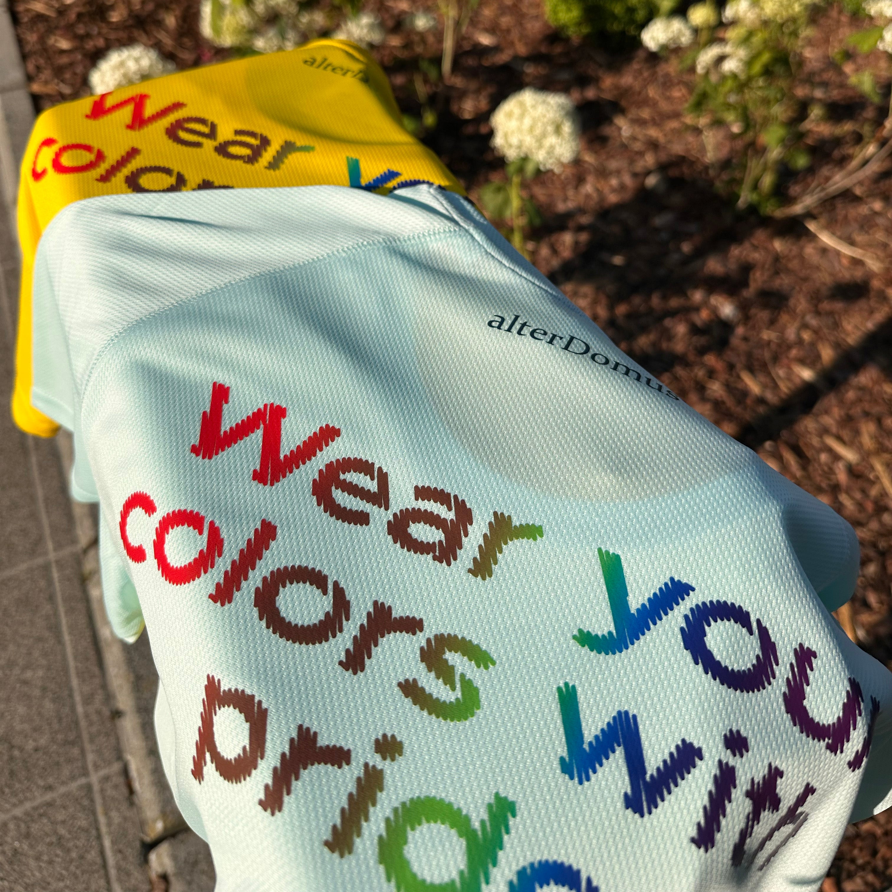 Light blue shirt with colorful text 'Wear colors with pride' on a blurred outdoor background
