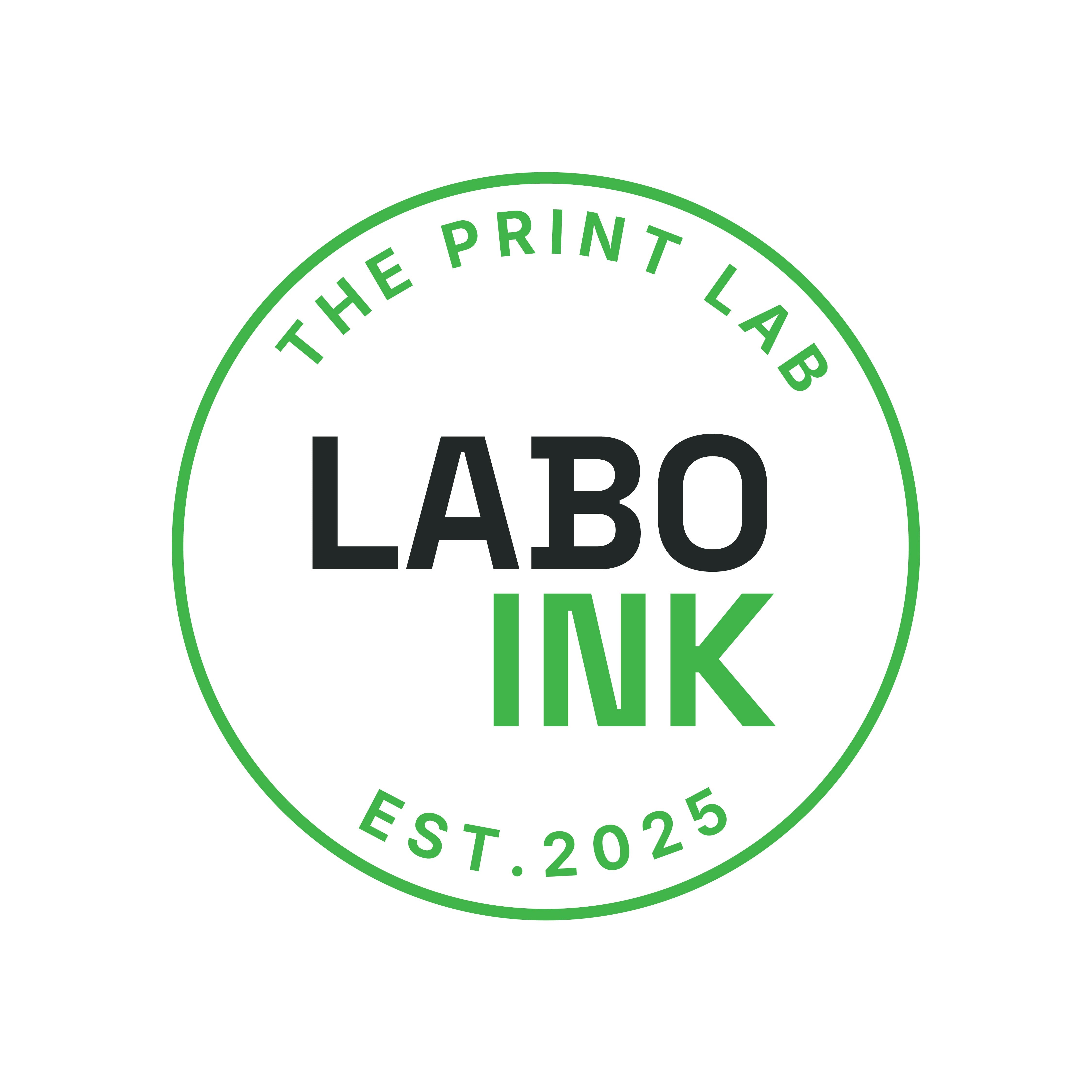 Logo of LABO INK from The Print Lab with green and black text on a white background